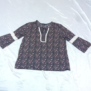 Tommy Hilfiger Floral Cottagecore Prairie 3/4 Sleeve Peasant Top Navy